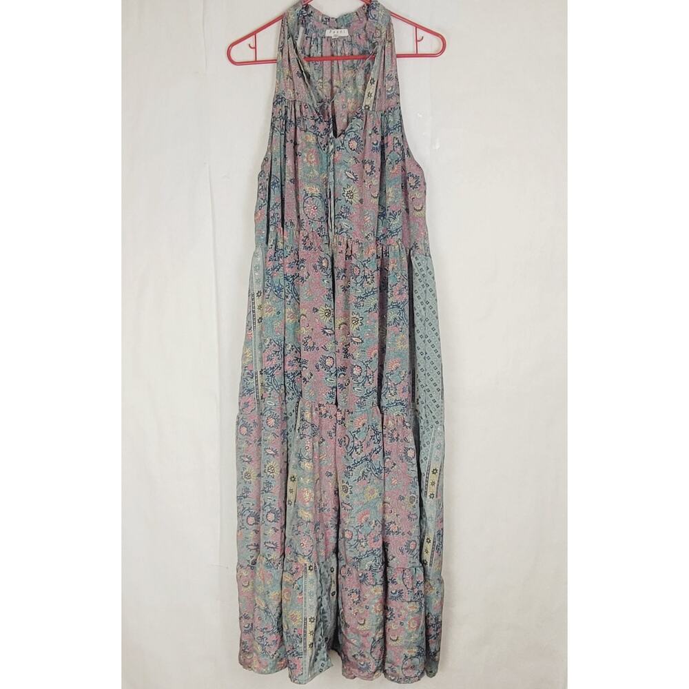 Paani green pink gold floral print tiered maxi dress Size Large Boho Cottage
